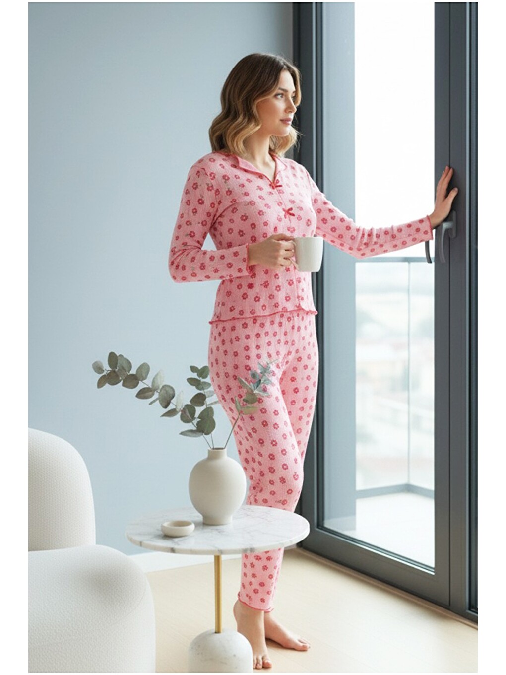 Pembe Pamuklu Fiyonk Detaylı Ajurlu Delikli Örme Pijama Takım7927-5-1