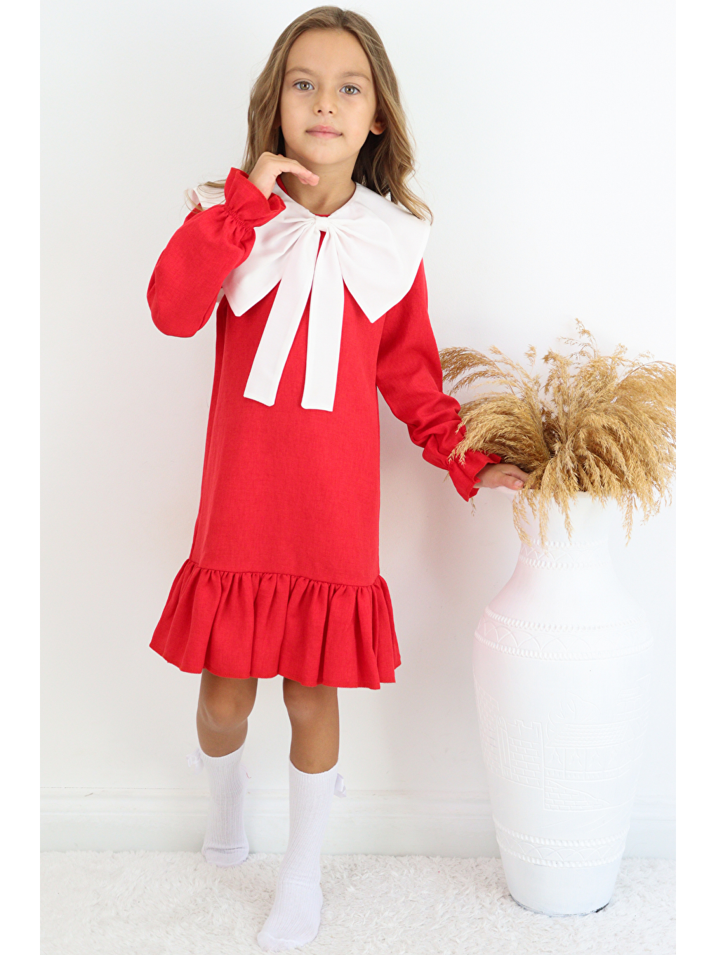 Kız Çocuk Rashel Kırmızı Yakalı Fırfırlı Uzun Kol Keten 23 Nisan 29 Ekim Gösteri Elbisesi-1