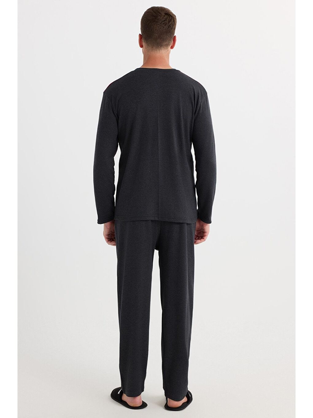 Erkek Regular Fit Pamuklu Düğmeli Yaka Beli Lastikli Desenli Antrasit Pijama Takımı-6