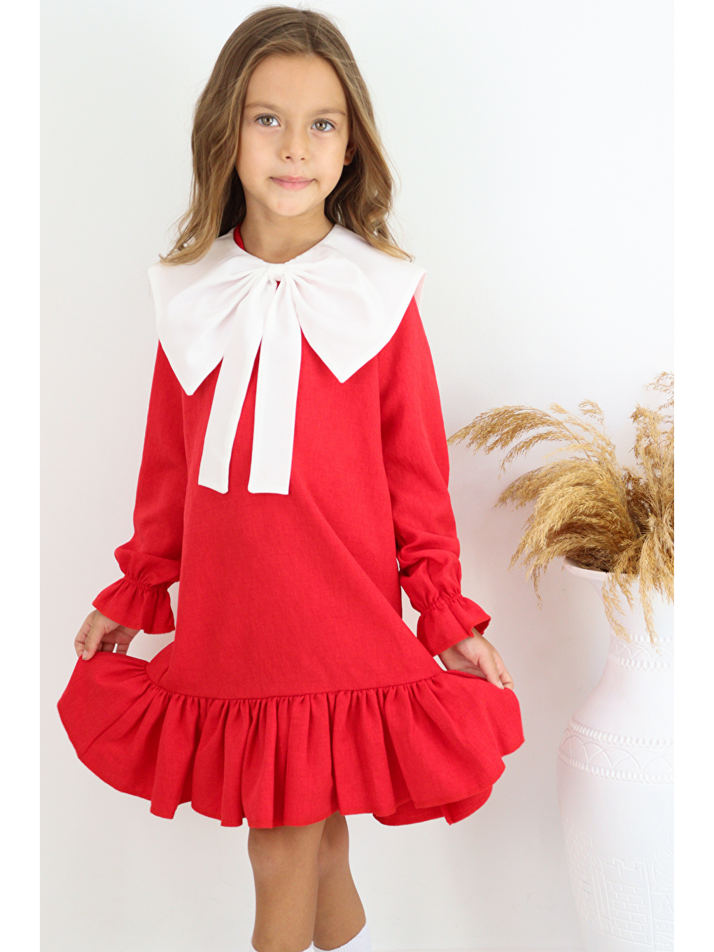Kız Çocuk Rashel Kırmızı Yakalı Fırfırlı Uzun Kol Keten 23 Nisan 29 Ekim Gösteri Elbisesi-2