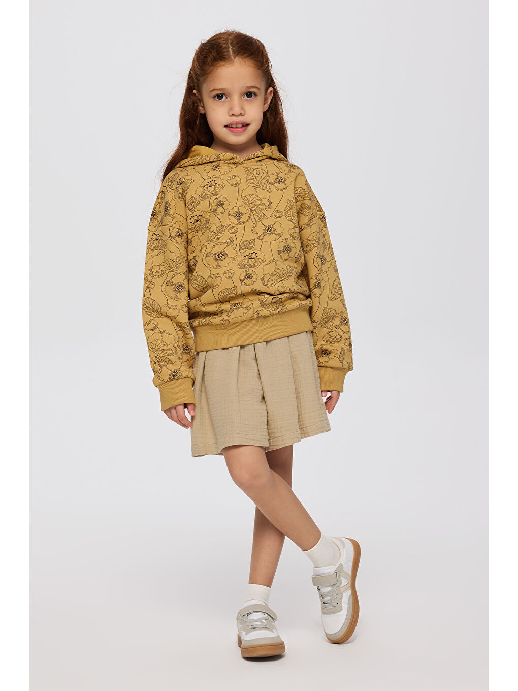Sarı Kız Çocuk Çiçek Desenli Sweatshirt Hardal