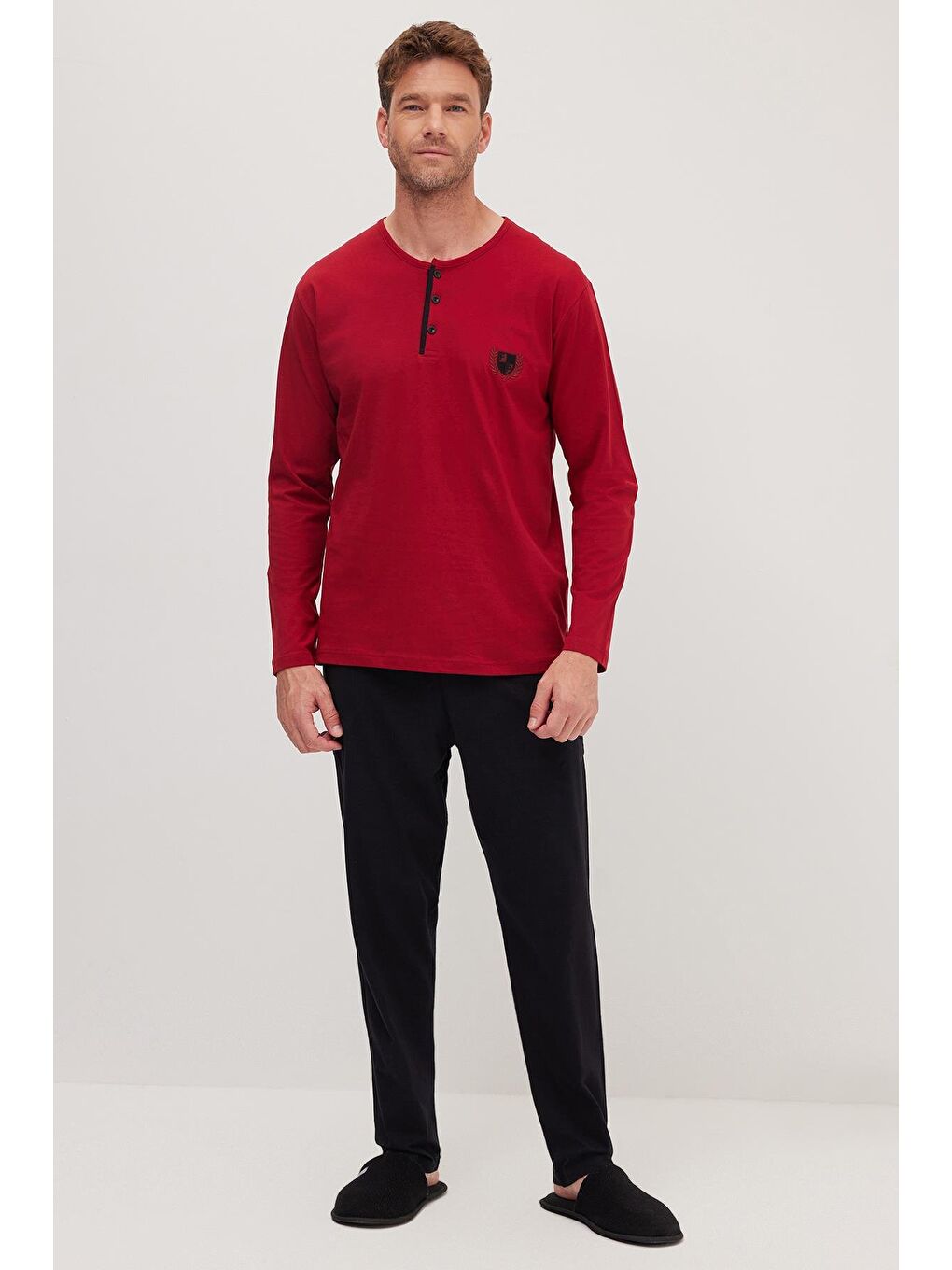 Erkek Standart Fit Normal Kesim %100 Pamuk Bisiklet Yaka Beli Lastikli Siyah Pijama Takımı-3