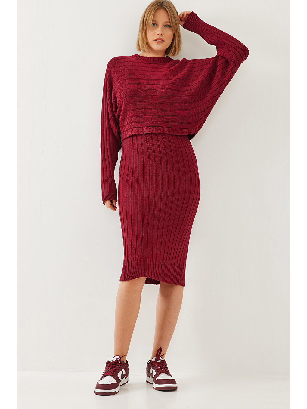 Bordo Kadın Triko Askılı Elbise Kazak İkili Takım