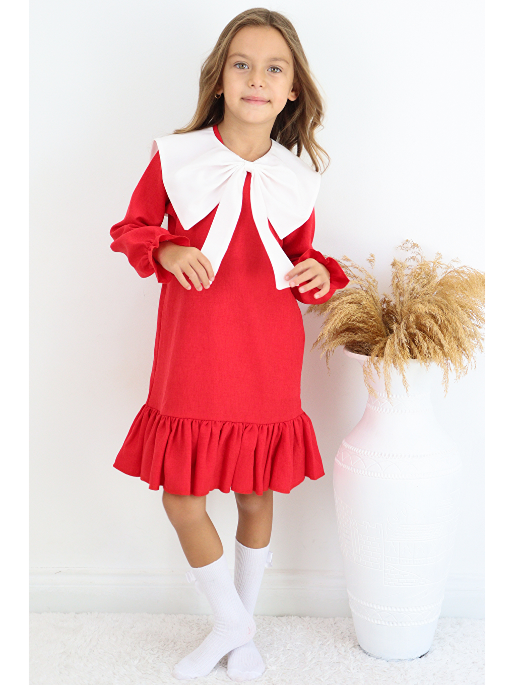 Kız Çocuk Rashel Kırmızı Yakalı Fırfırlı Uzun Kol Keten 23 Nisan 29 Ekim Gösteri Elbisesi-3
