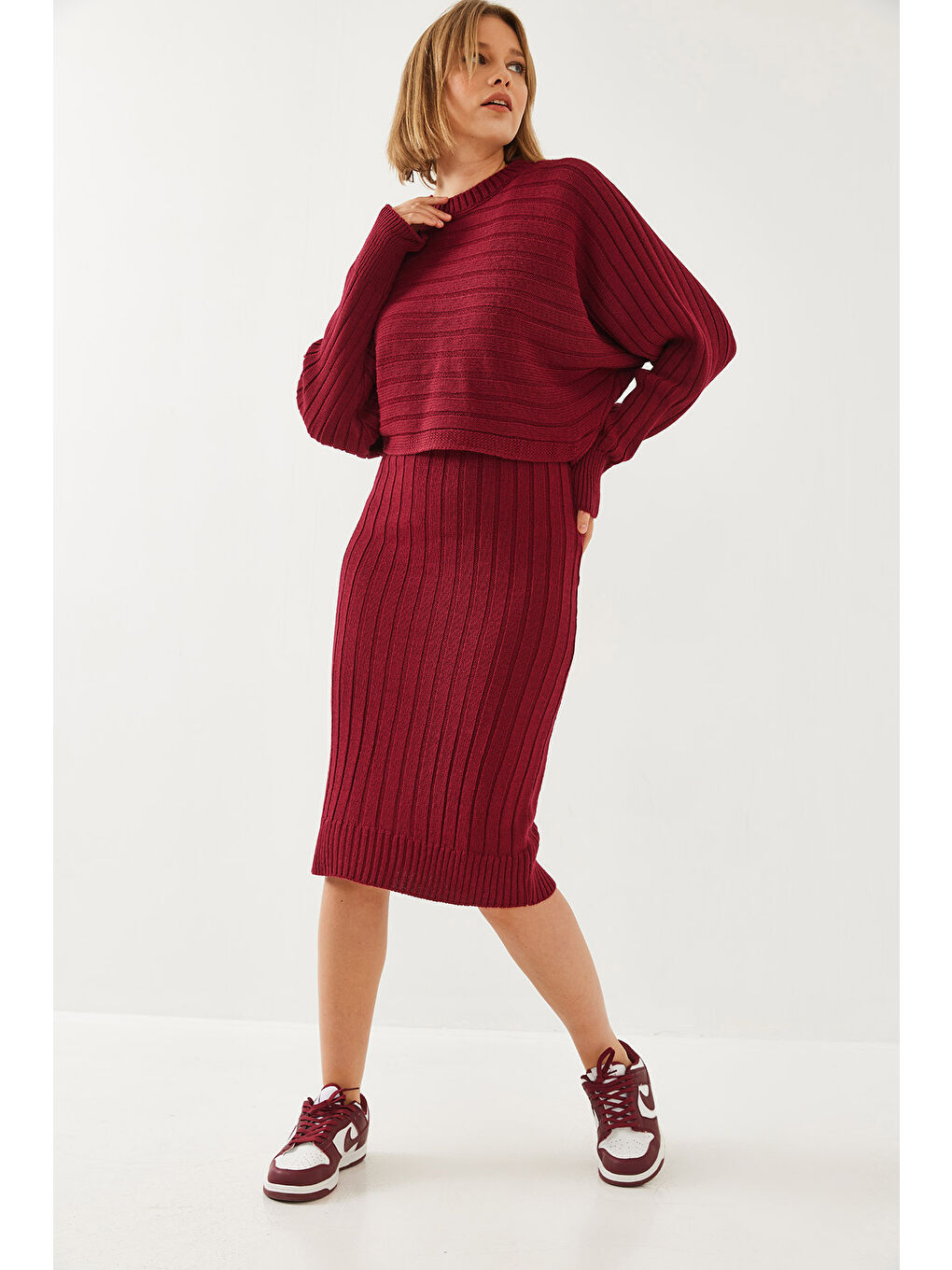 Bordo Kadın Triko Askılı Elbise Kazak İkili Takım-1