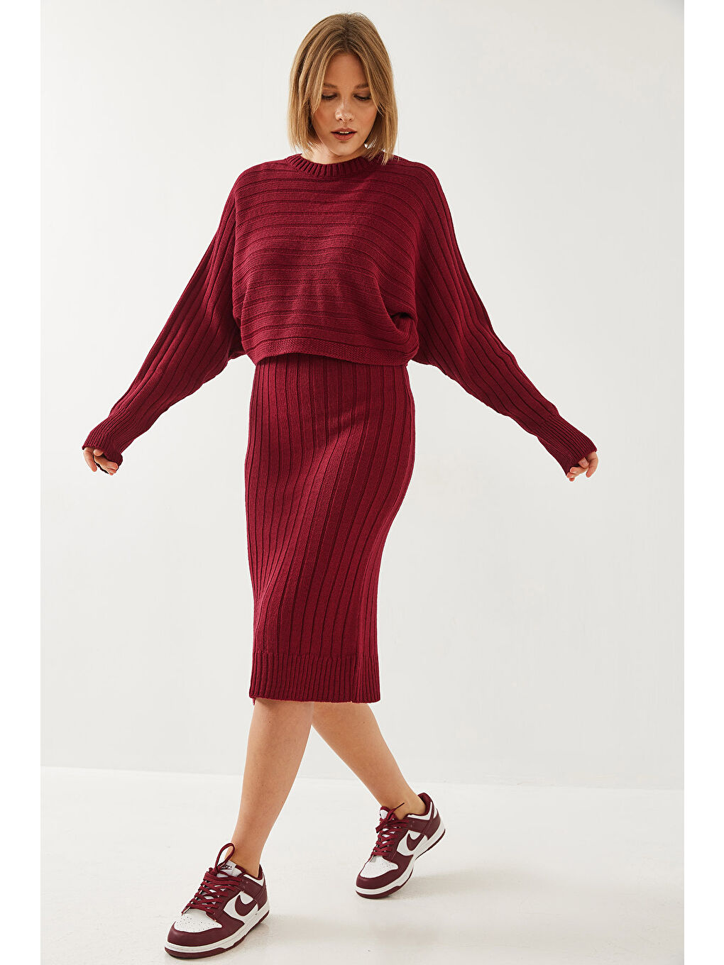 Bordo Kadın Triko Askılı Elbise Kazak İkili Takım-2