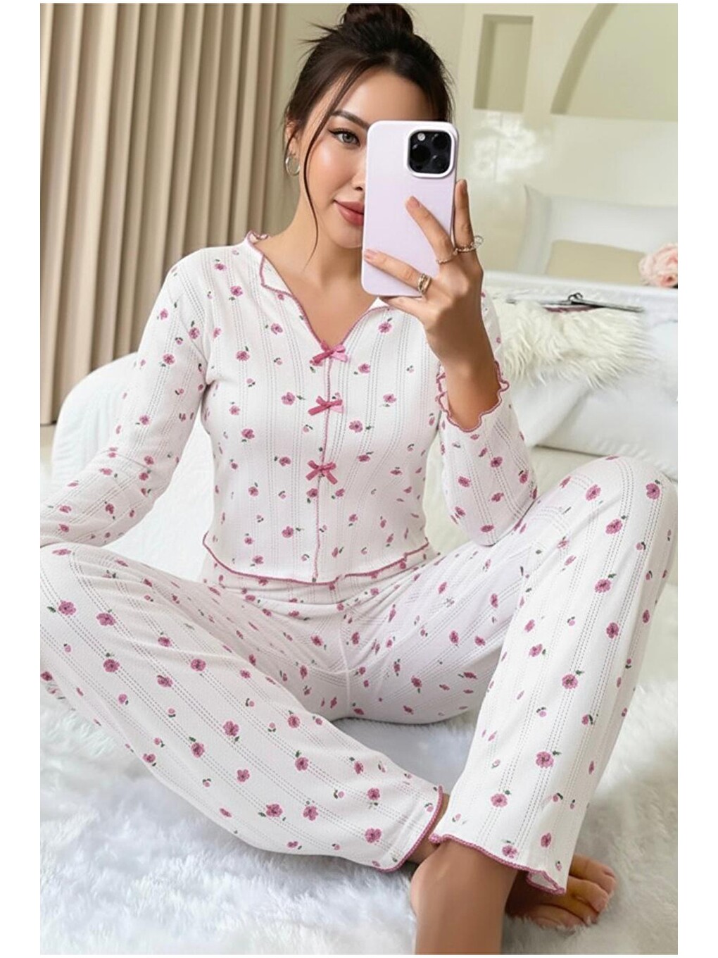 Beyaz Pamuklu Ajurlu Delikli Örme Pijama Takım7927-8