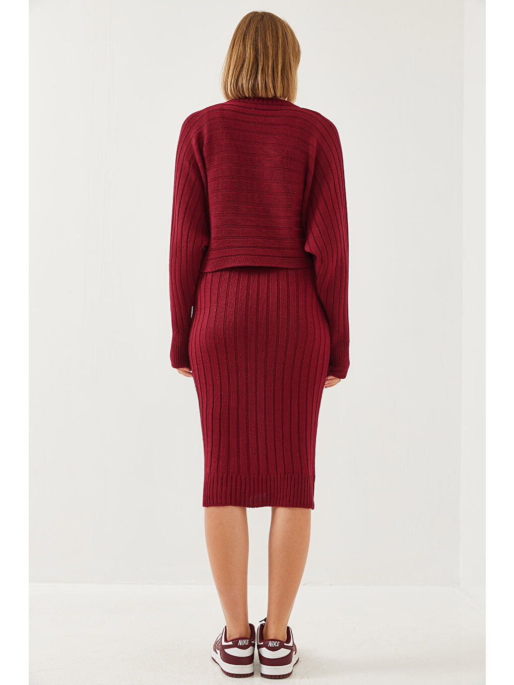 Bordo Kadın Triko Askılı Elbise Kazak İkili Takım-3