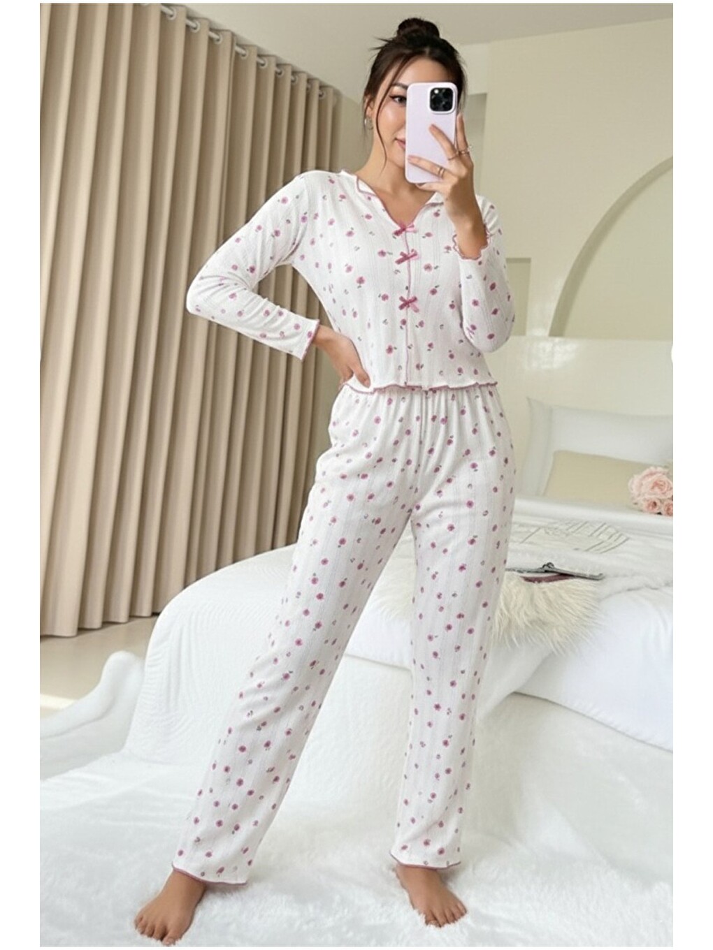 Beyaz Pamuklu Ajurlu Delikli Örme Pijama Takım7927-8-1