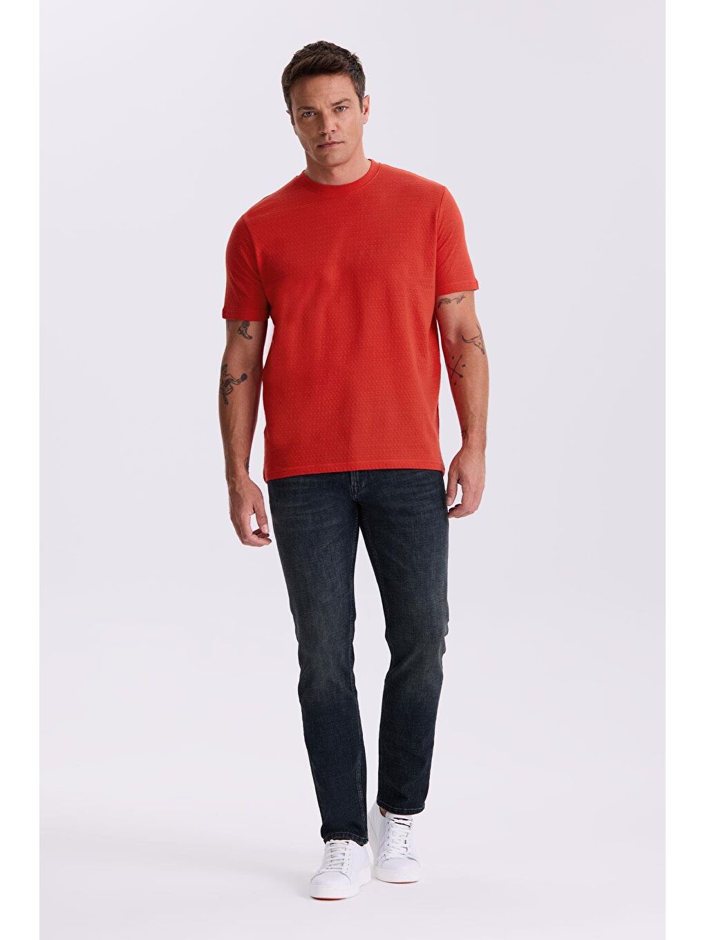 Kırmızı %100 Pamuk Desenli Bisiklet Yaka T-Shirt-1