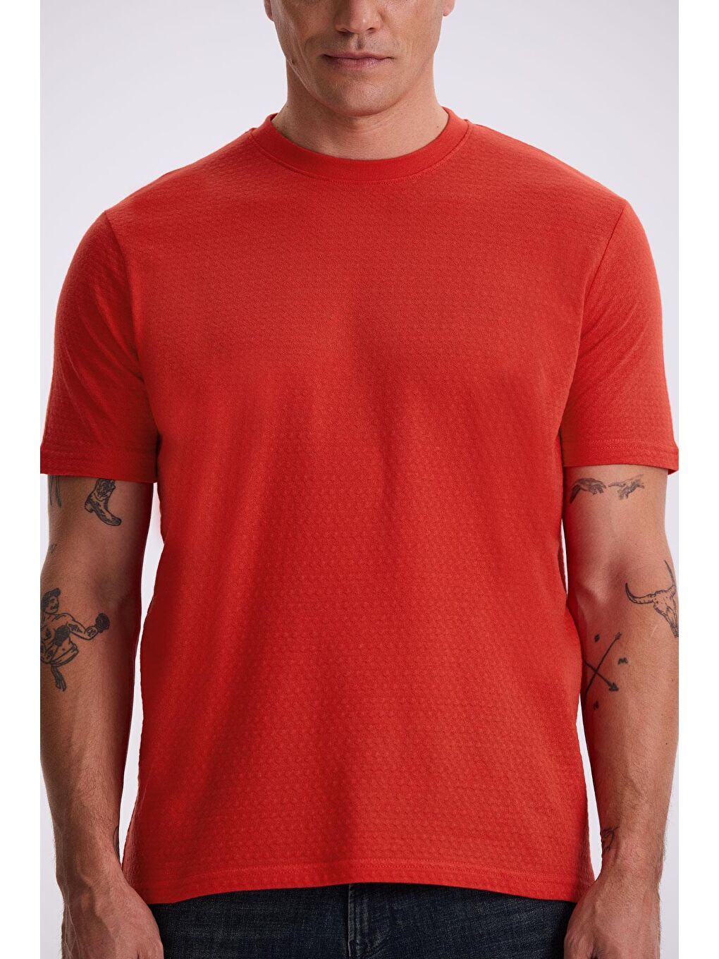 Kırmızı %100 Pamuk Desenli Bisiklet Yaka T-Shirt-2