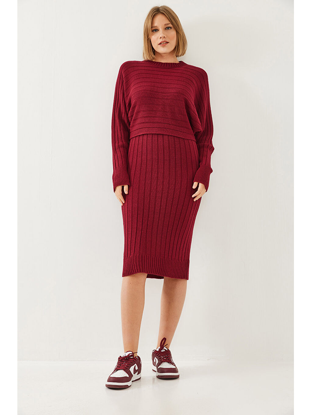 Bordo Kadın Triko Askılı Elbise Kazak İkili Takım-5