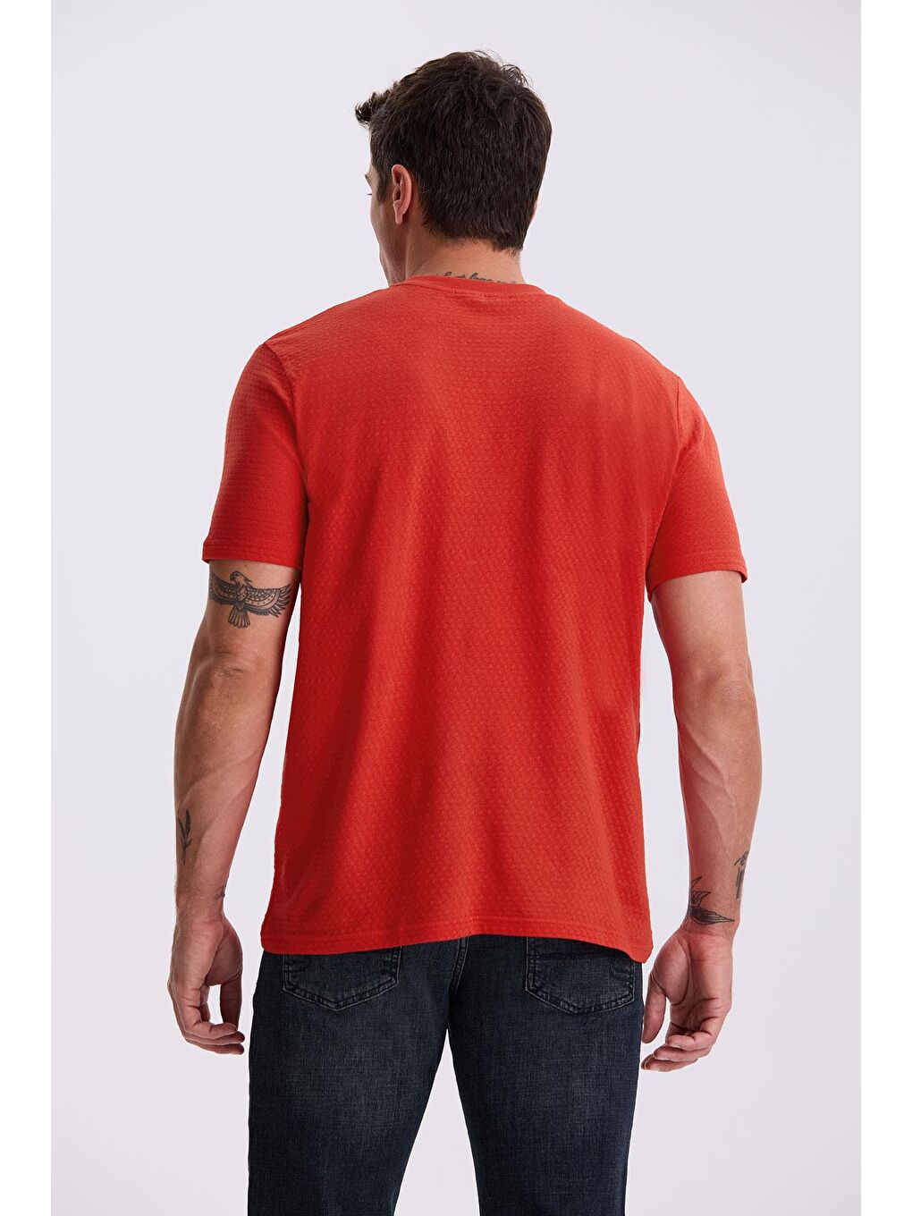 Kırmızı %100 Pamuk Desenli Bisiklet Yaka T-Shirt-3