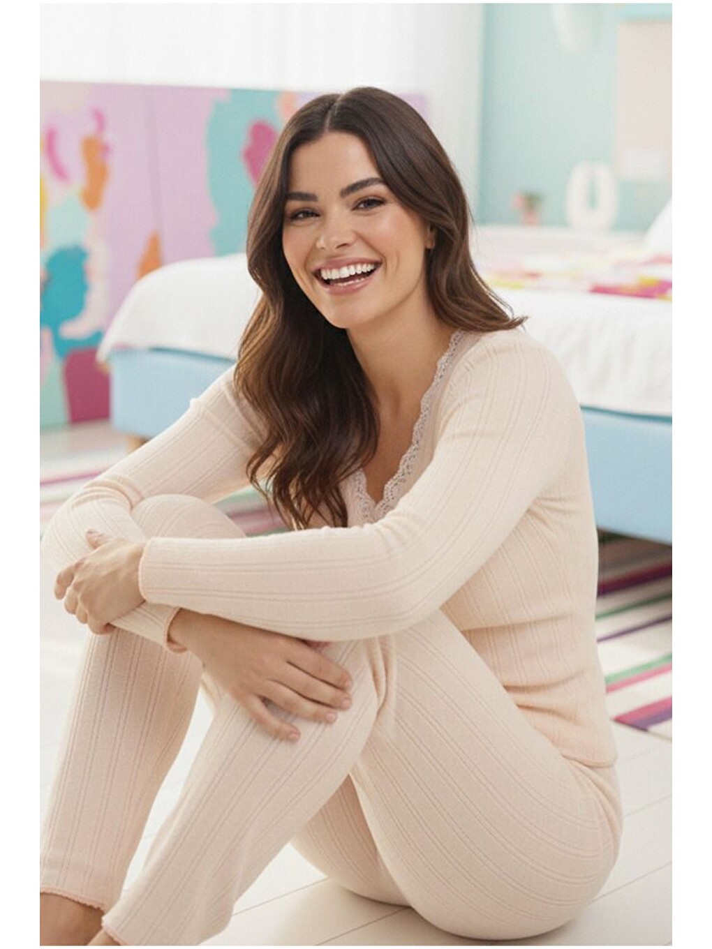 Pembe Pamuklu Delikli Dantelli Örme Pijama Takım7928-2