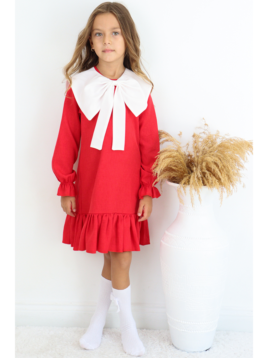 Kız Çocuk Rashel Kırmızı Yakalı Fırfırlı Uzun Kol Keten 23 Nisan 29 Ekim Gösteri Elbisesi-4