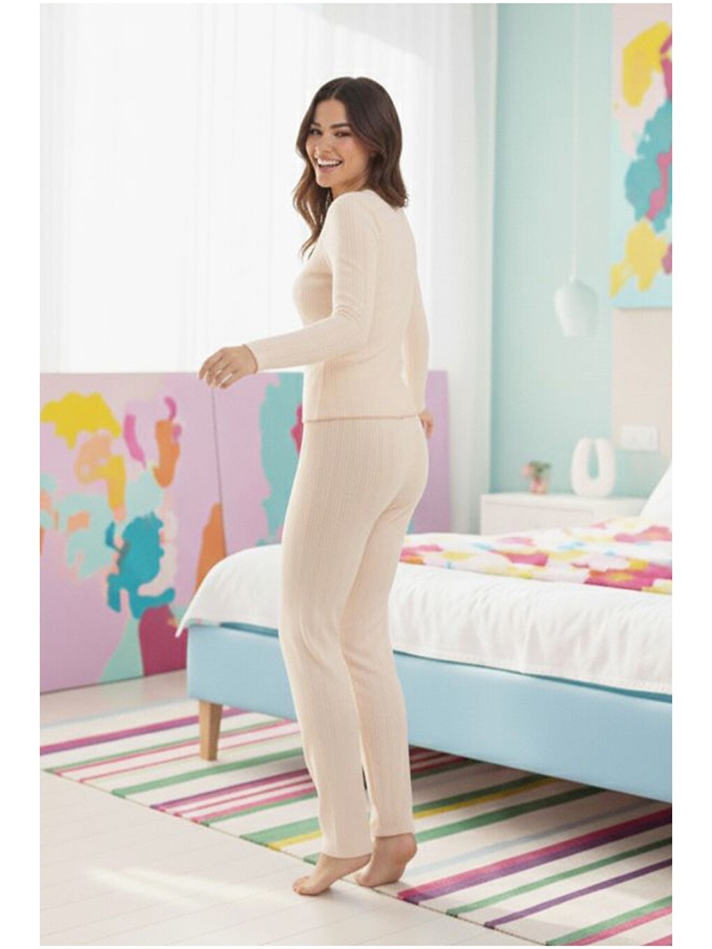 Pembe Pamuklu Delikli Dantelli Örme Pijama Takım7928-2-2
