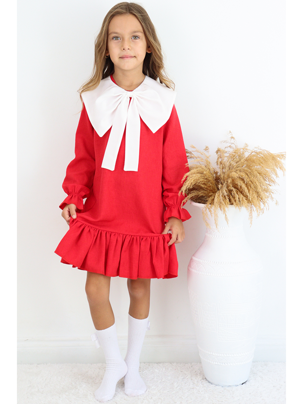 Kız Çocuk Rashel Kırmızı Yakalı Fırfırlı Uzun Kol Keten 23 Nisan 29 Ekim Gösteri Elbisesi-5