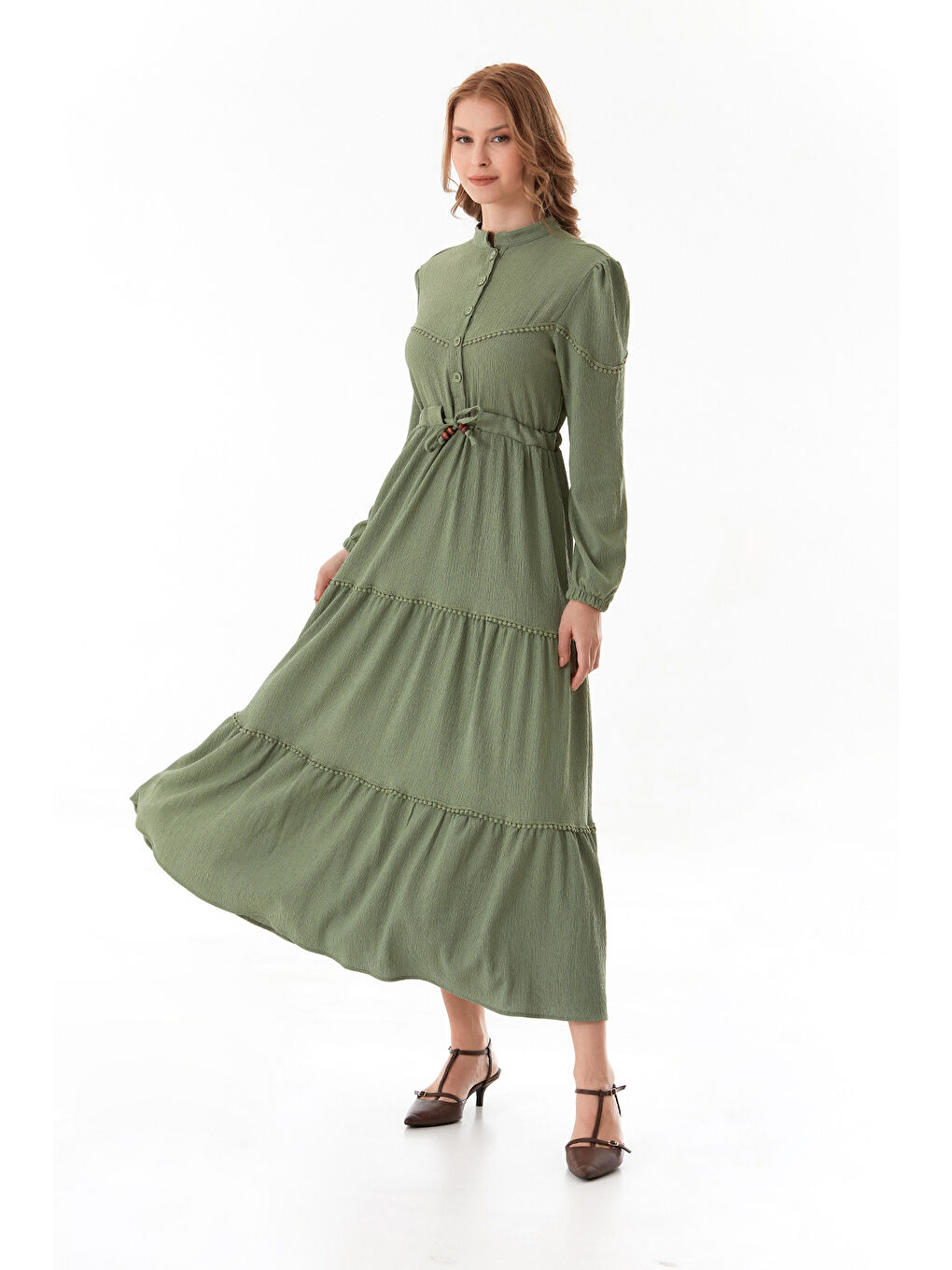 Yeşil Fullamodest Beli Bağcıklı Dik Yaka Elbise
