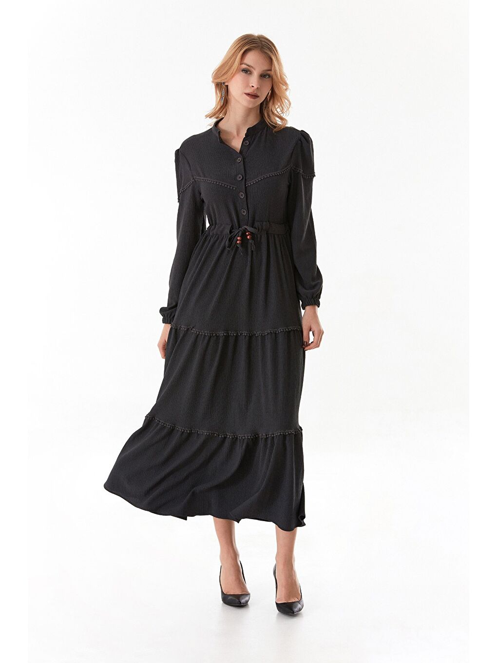 Antrasit Fullamodest Beli Bağcıklı Dik Yaka Elbise