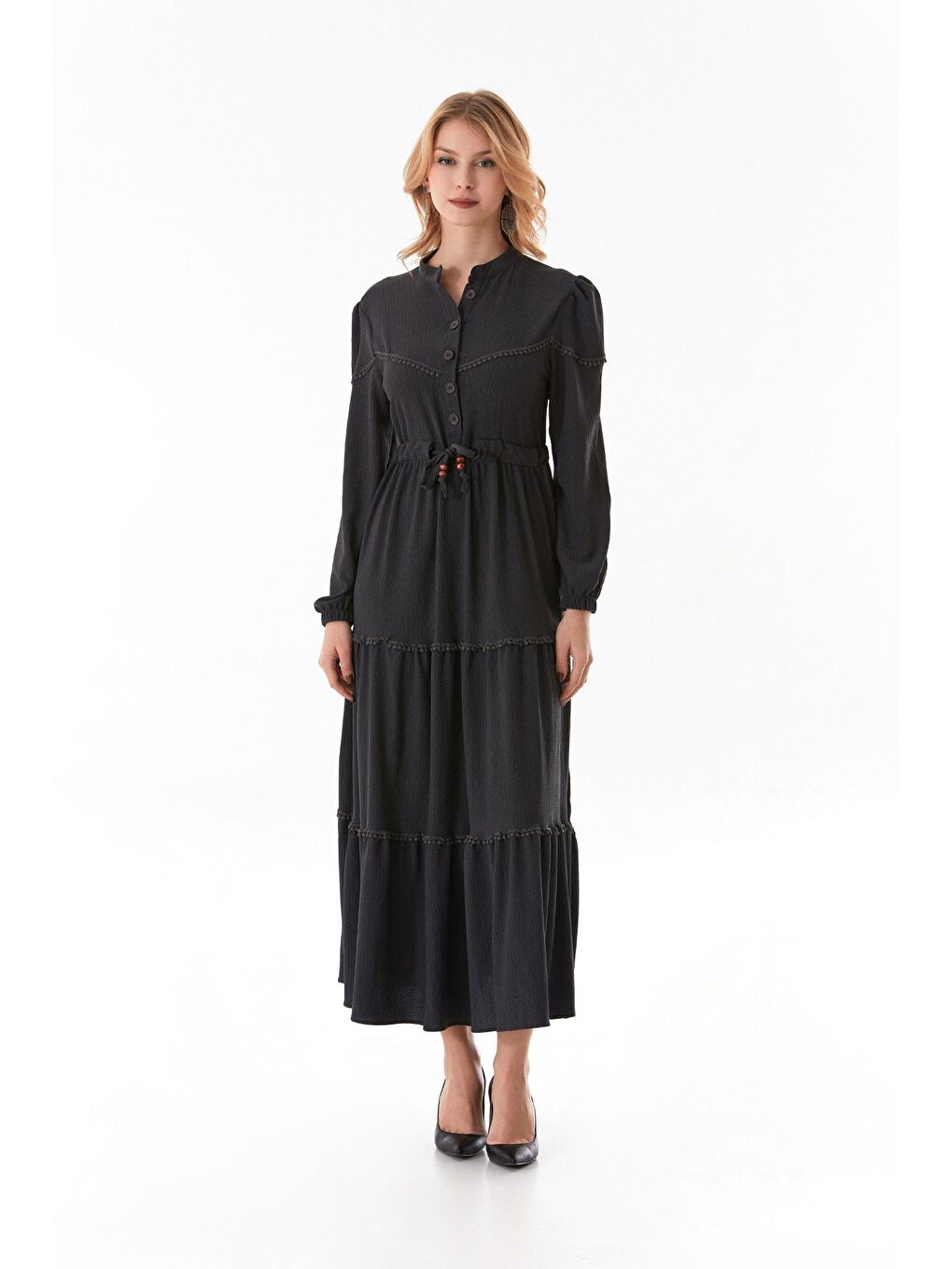 Antrasit Fullamodest Beli Bağcıklı Dik Yaka Elbise-2