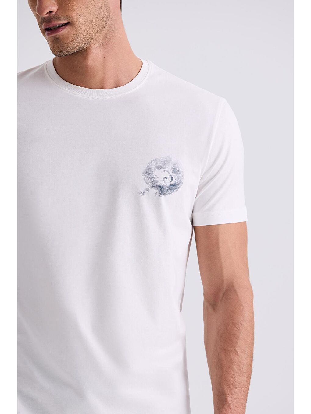 Ekru Slim Fit Bisiklet Yaka T-Shirt-2