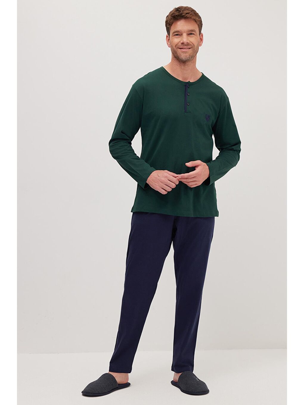 Erkek Standart Fit Normal Kesim %100 Pamuk Bisiklet Yaka Beli Lastikli Lacivert Pijama Takımı-3