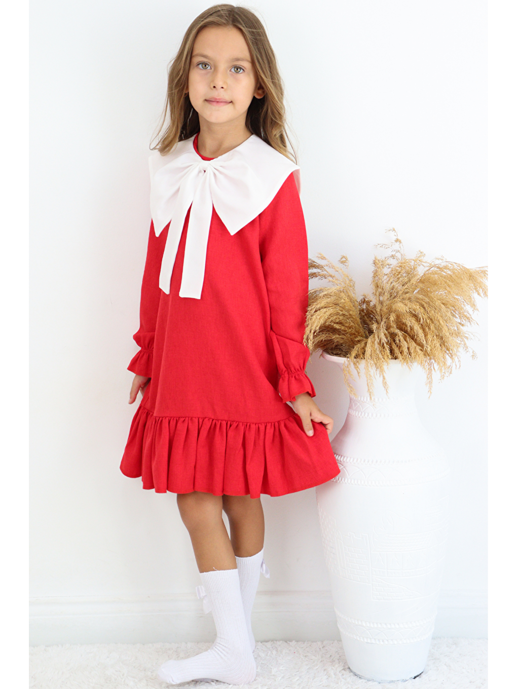 Kız Çocuk Rashel Kırmızı Yakalı Fırfırlı Uzun Kol Keten 23 Nisan 29 Ekim Gösteri Elbisesi-6