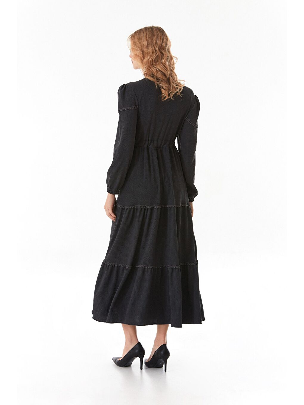 Antrasit Fullamodest Beli Bağcıklı Dik Yaka Elbise-3