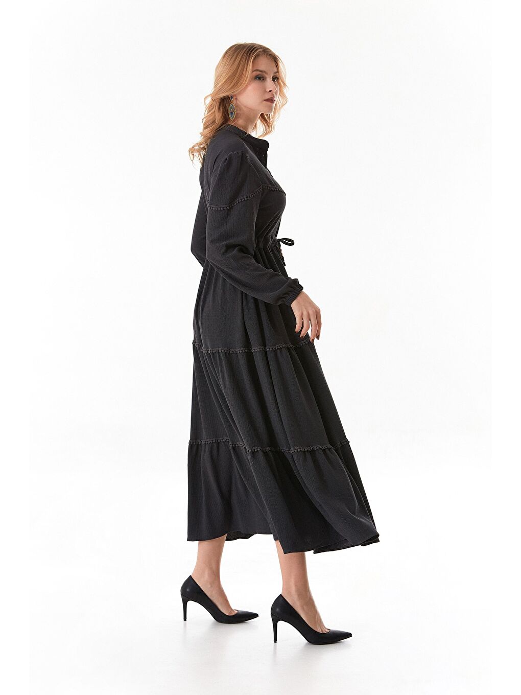 Antrasit Fullamodest Beli Bağcıklı Dik Yaka Elbise-4