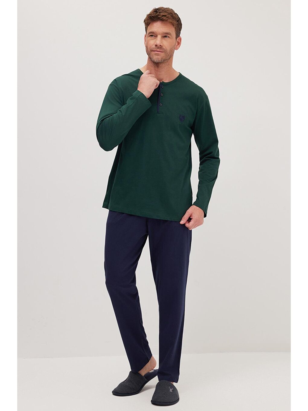 Erkek Standart Fit Normal Kesim %100 Pamuk Bisiklet Yaka Beli Lastikli Lacivert Pijama Takımı-4