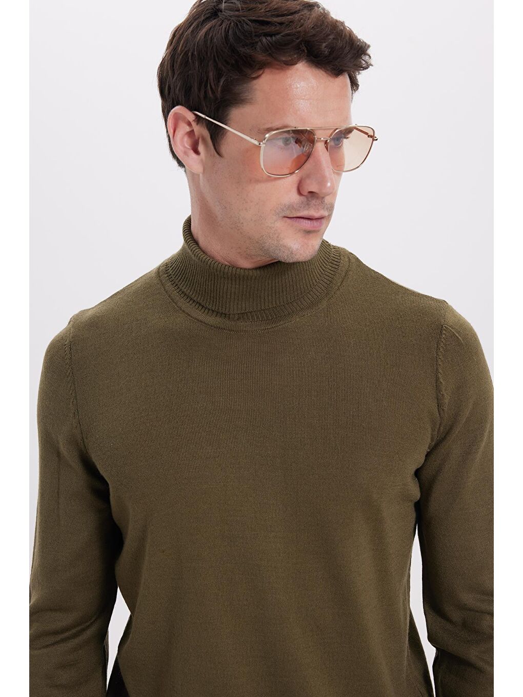 Erkek Slim Fit Tam Boğazlı Yaka Düz Yün Haki Triko Kazak-1