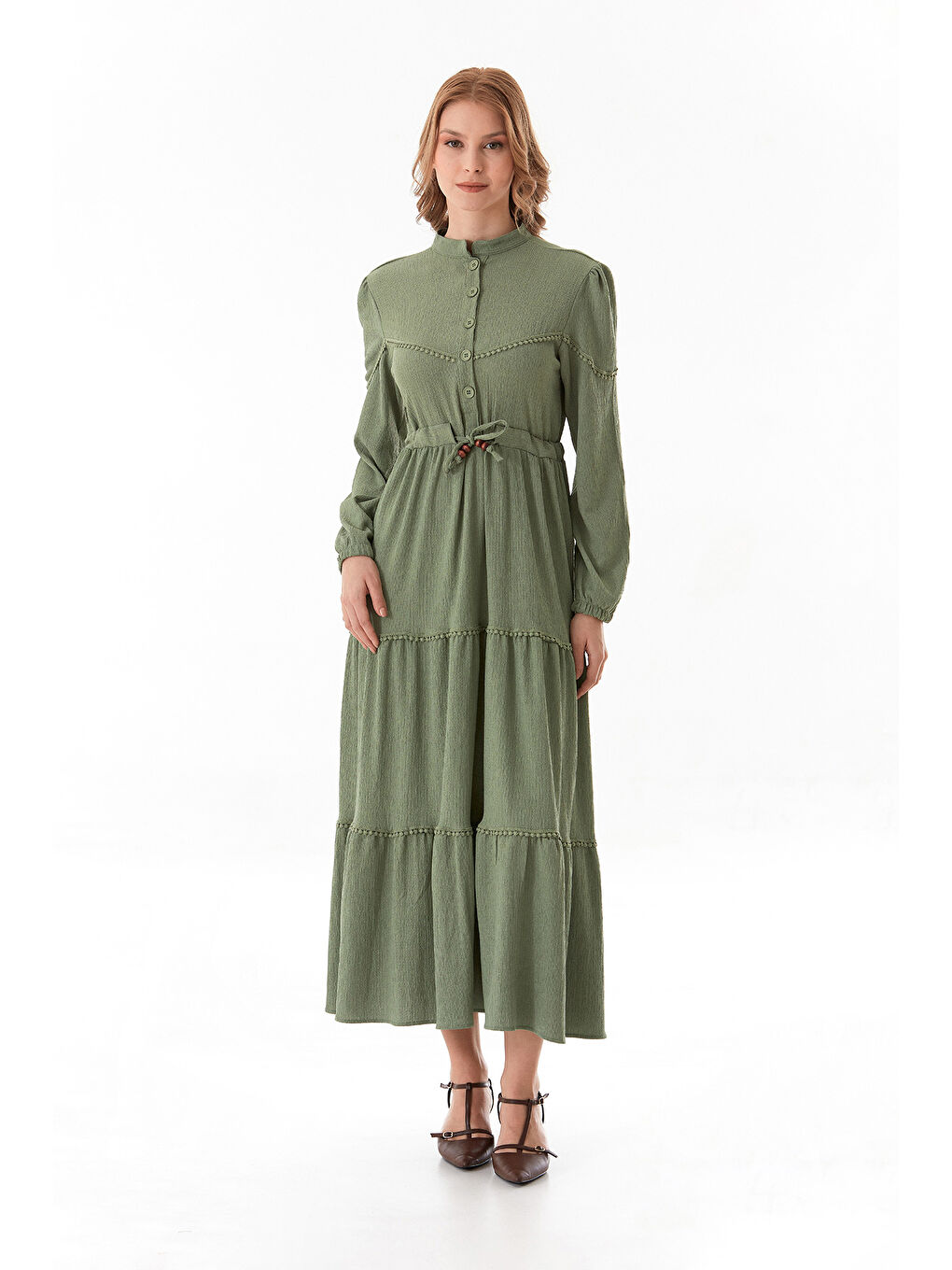 Yeşil Fullamodest Beli Bağcıklı Dik Yaka Elbise-1