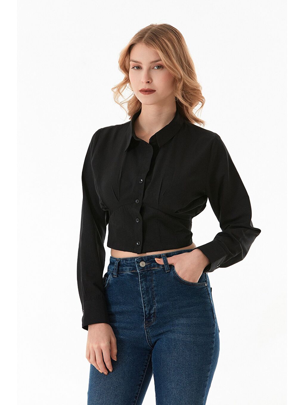 Siyah Sırt Dekolteli Bağlamalı Korse Detaylı Gömlek