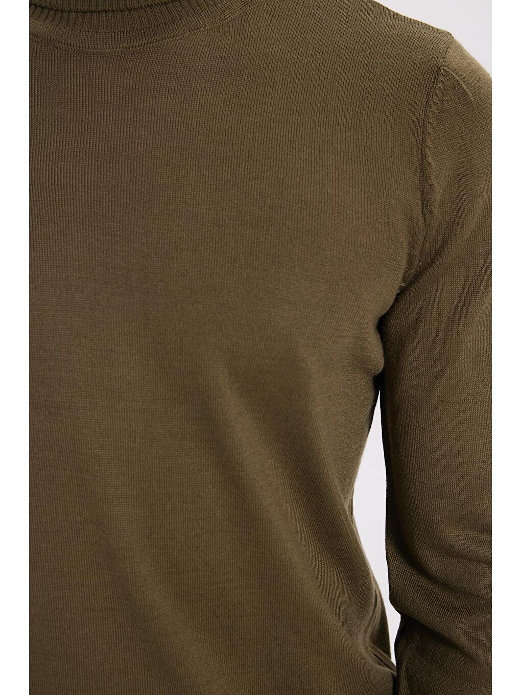 Erkek Slim Fit Tam Boğazlı Yaka Düz Yün Haki Triko Kazak-2