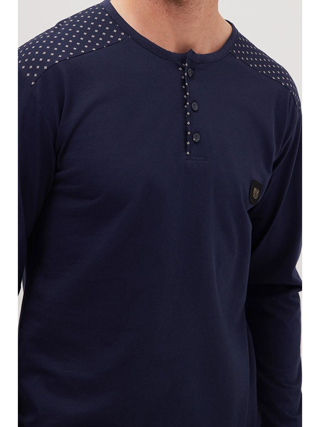 Erkek Standart Fit Normal Kesim %100 Pamuk Bisiklet Yaka Beli Lastikli Lacivert Pijama Takımı-2