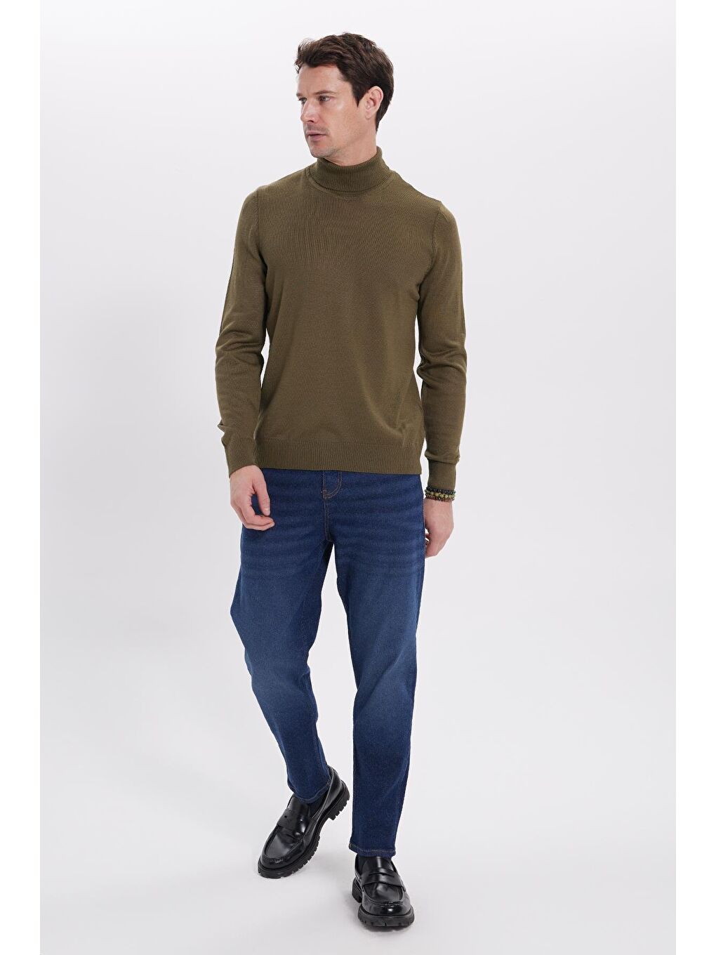 Erkek Slim Fit Tam Boğazlı Yaka Düz Yün Haki Triko Kazak-3