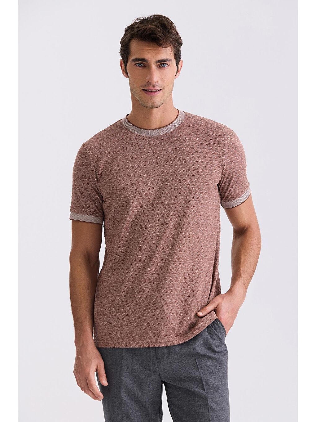 Kahverengi Kahve Slim Fit Bisiklet Yaka T-Shirt