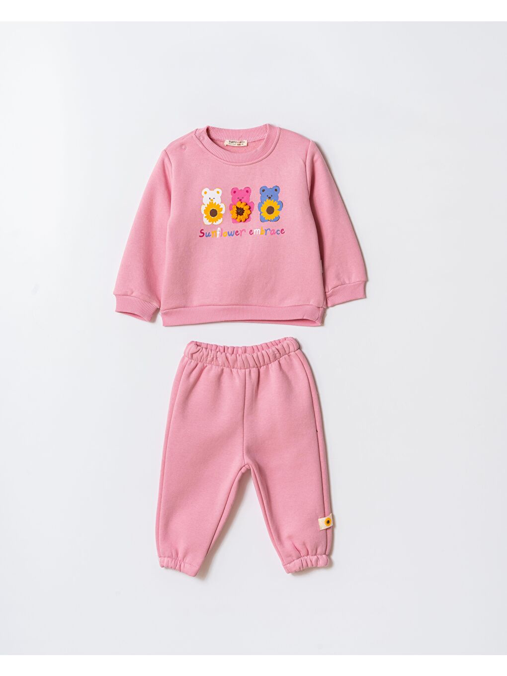 Kız Çocuk Pamuklu Pembe Ayıcık Baskılı Sweatshirt Ve Eşofman Takım