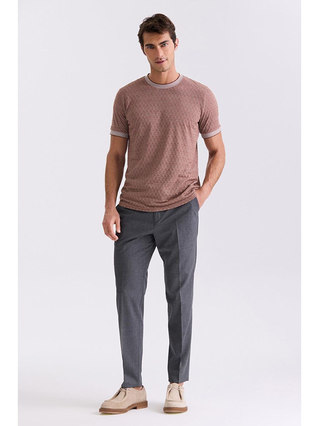 Kahverengi Kahve Slim Fit Bisiklet Yaka T-Shirt-1