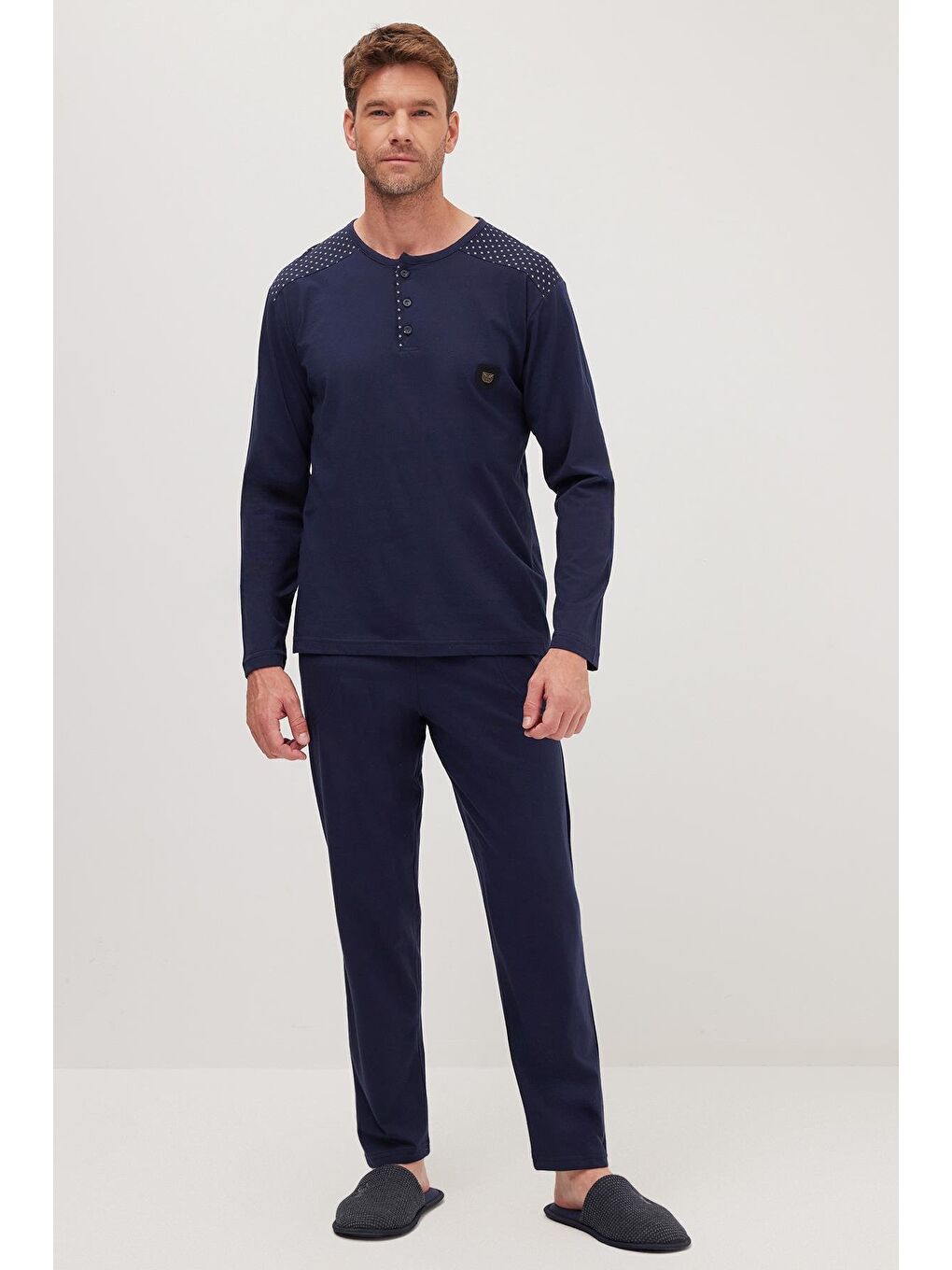 Erkek Standart Fit Normal Kesim %100 Pamuk Bisiklet Yaka Beli Lastikli Lacivert Pijama Takımı-3