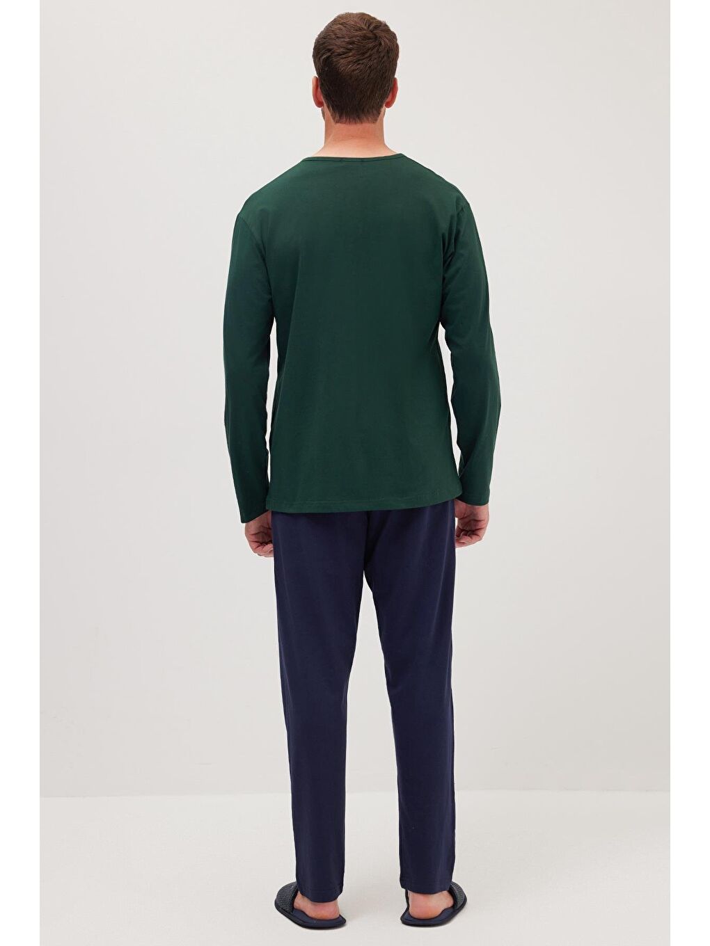 Erkek Standart Fit Normal Kesim %100 Pamuk Bisiklet Yaka Beli Lastikli Lacivert Pijama Takımı-6