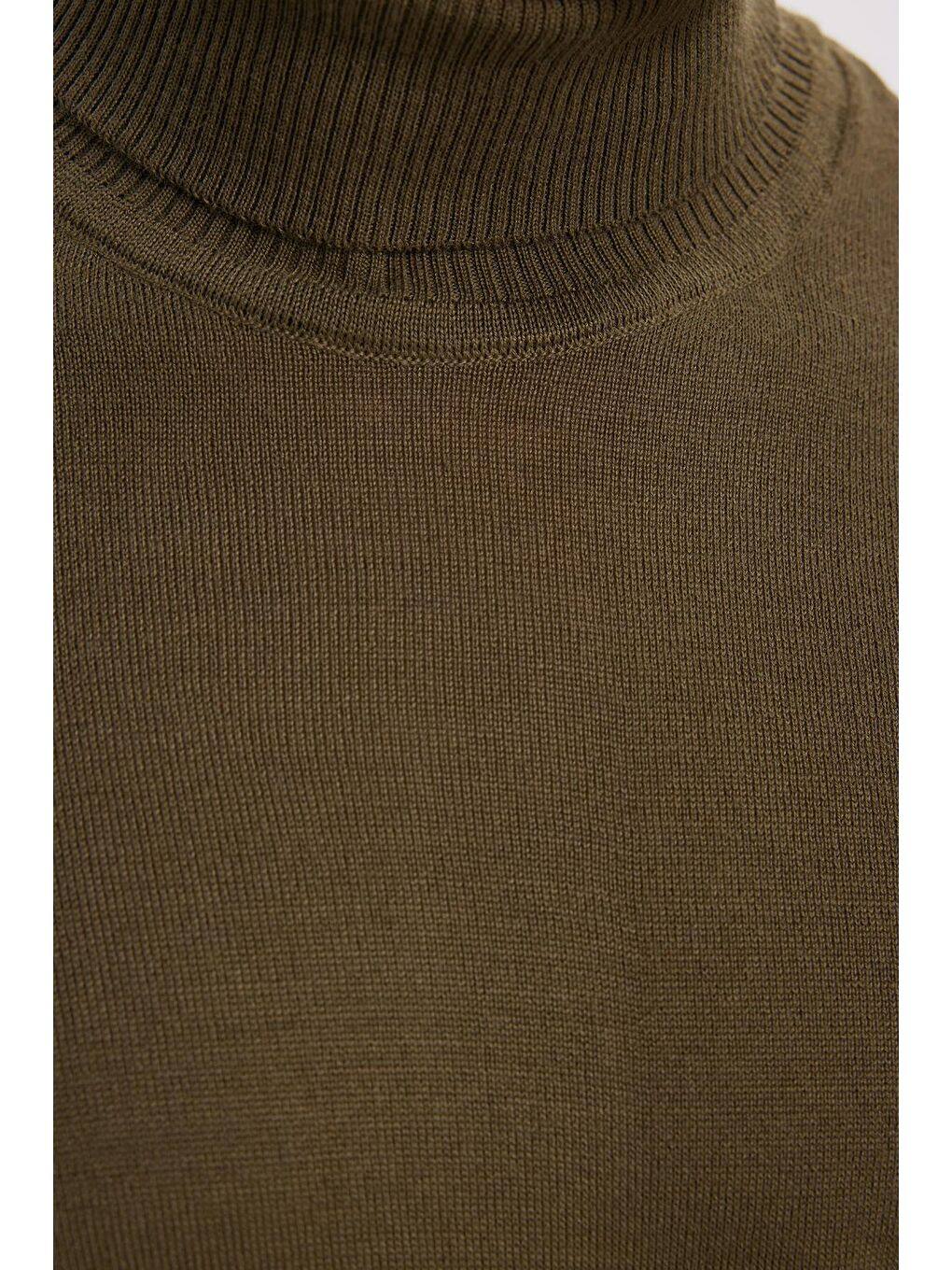 Erkek Slim Fit Tam Boğazlı Yaka Düz Yün Haki Triko Kazak-5