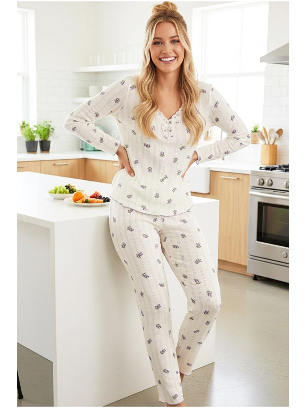 Ekru Pamuklu Ajurlu Delikli Dantelli Örme Pijama Takım7928-9-1