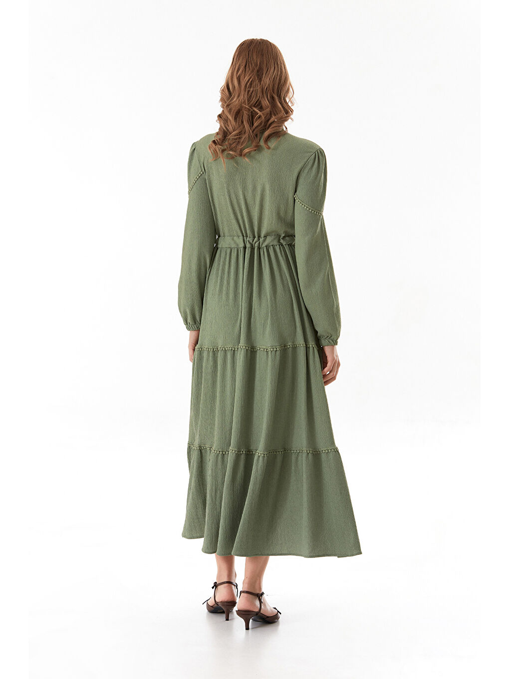 Yeşil Fullamodest Beli Bağcıklı Dik Yaka Elbise-2