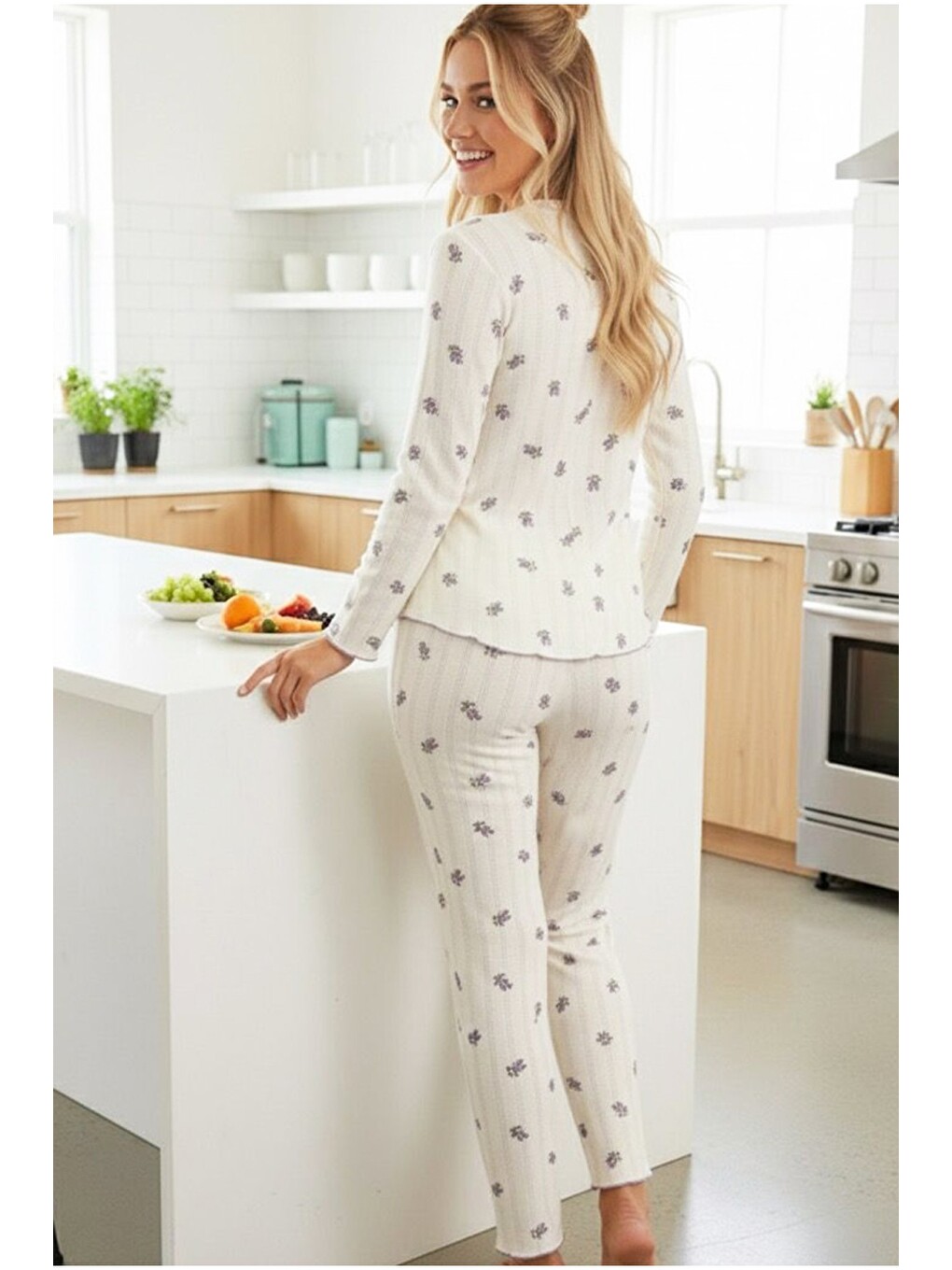 Ekru Pamuklu Ajurlu Delikli Dantelli Örme Pijama Takım7928-9-2