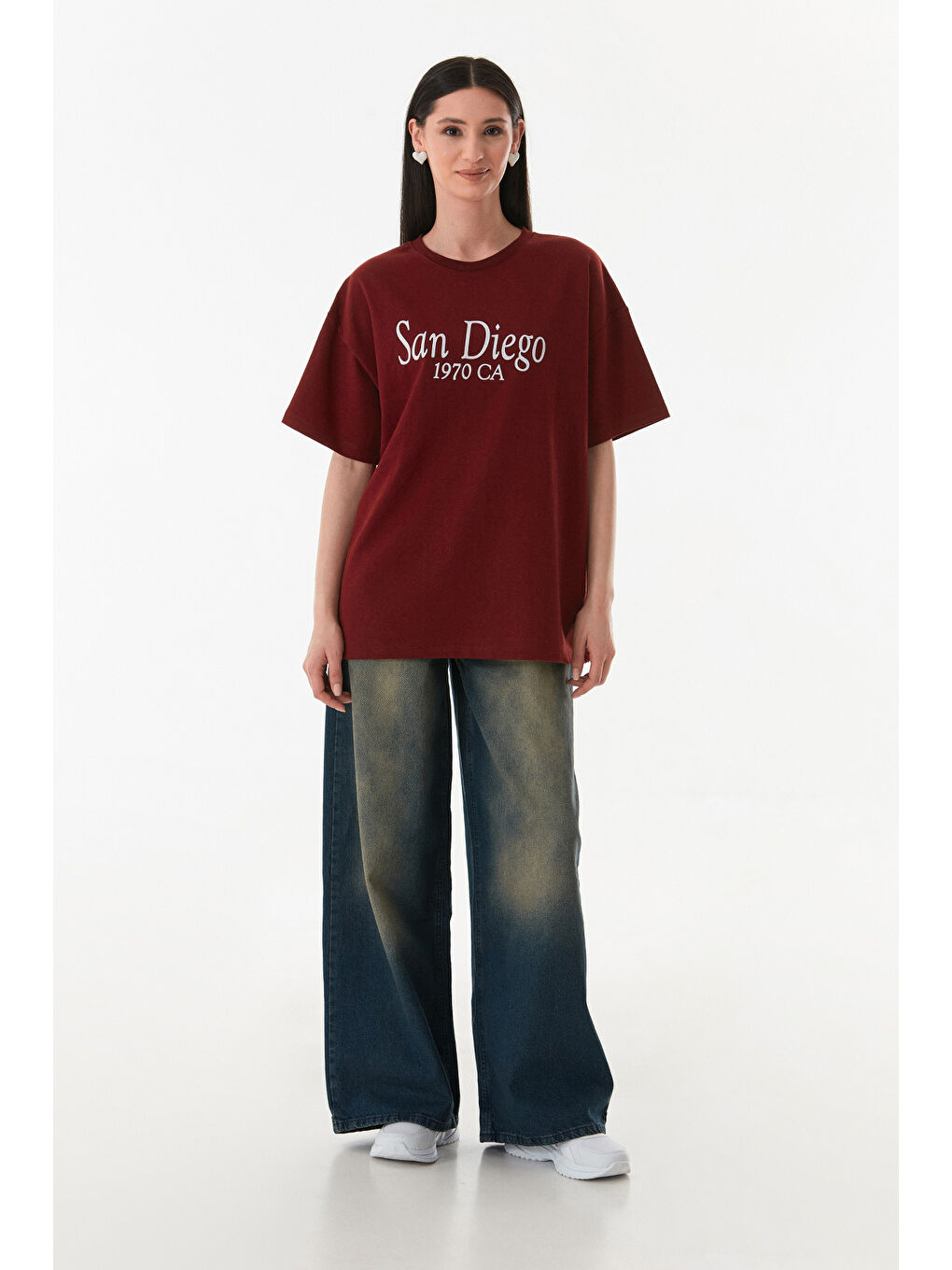 Bordo San Diego Baskılı Oversize Tişört-1