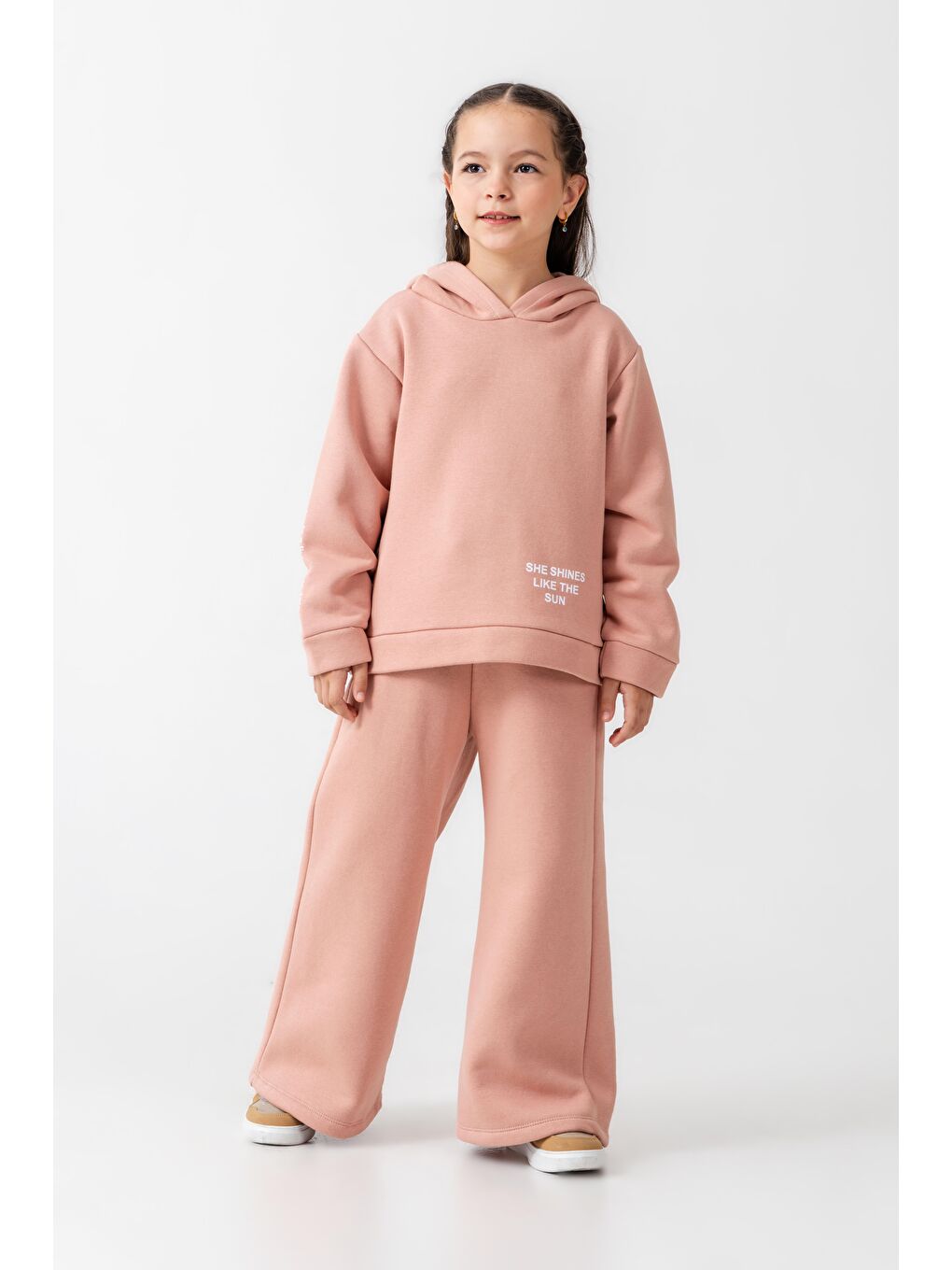 Pembe Kız Çocuk Pamuklu Pudra Kapüşonlu Sweatshirt Ve Bol Paça Eşofman Takım
