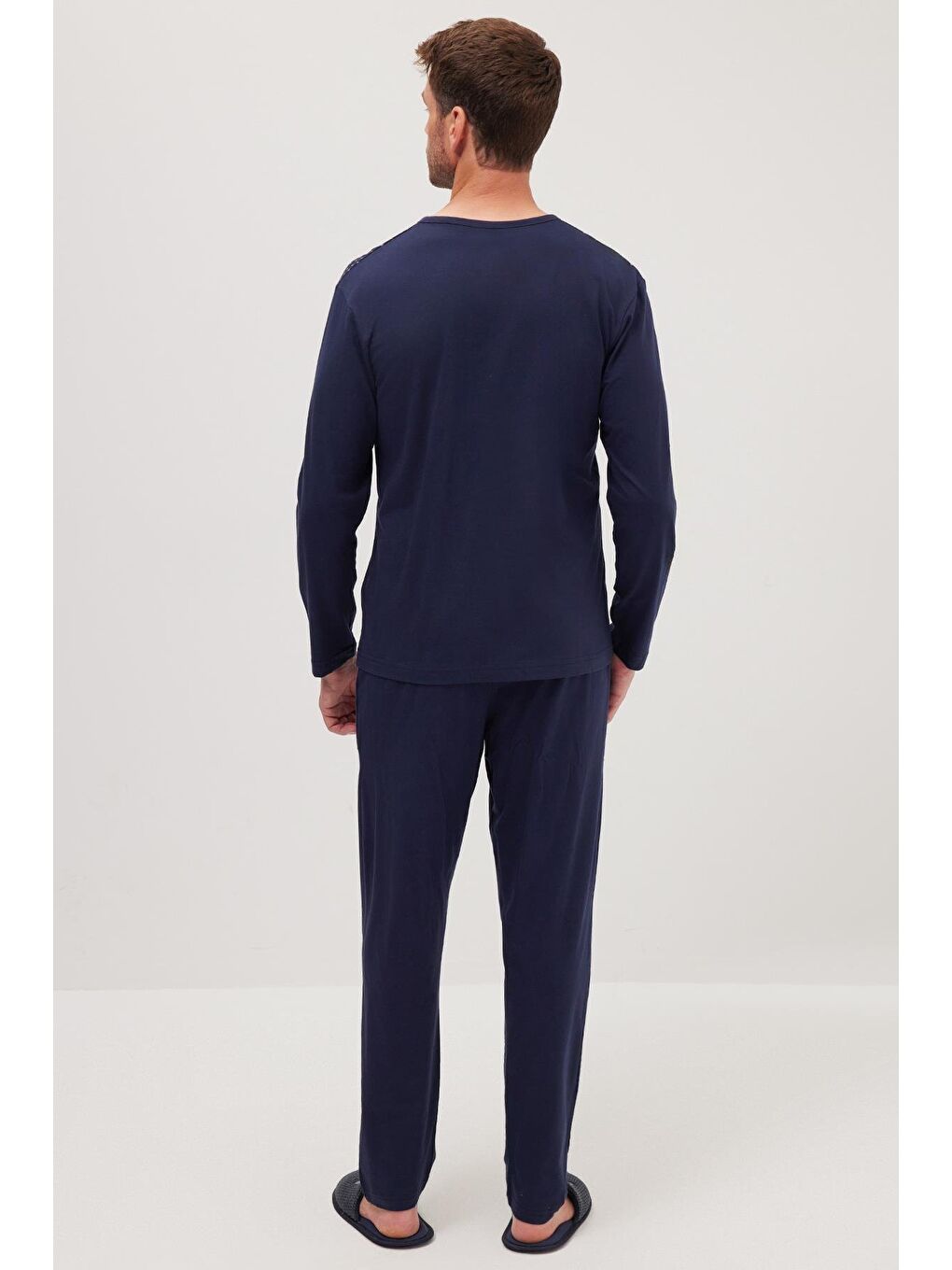 Erkek Standart Fit Normal Kesim %100 Pamuk Bisiklet Yaka Beli Lastikli Lacivert Pijama Takımı-6