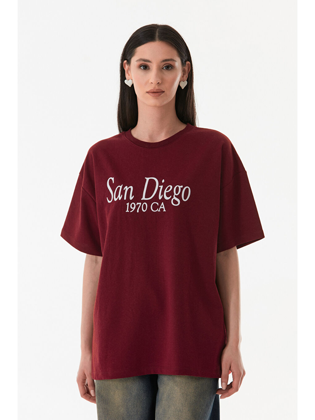 Bordo San Diego Baskılı Oversize Tişört-2