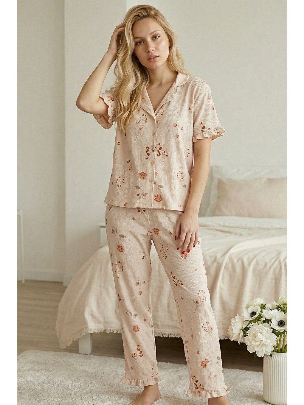 Bej Bürümcük-krınkıl Kısa Kollu Düğmeli Biyeli Pijama Takım 7930-1